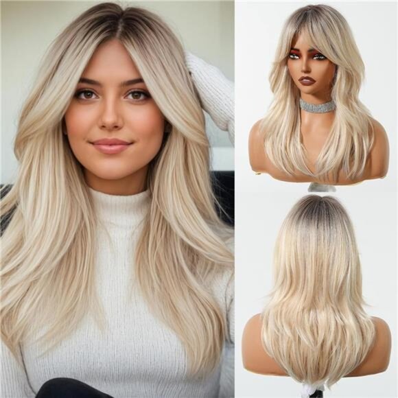 Ombre Blonde Long Straight Wig for Women with Bangs Natural Curly Synthetic